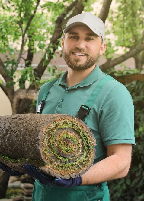Smiling male landscaper wearing a green shirt and cap outdoors.