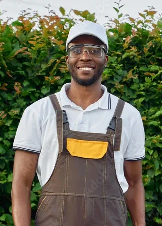 Smiling male worker wearing safety glasses and a company shirt.