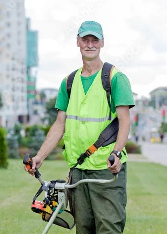 Male worker in a green high-visibility vest standing outdoors.