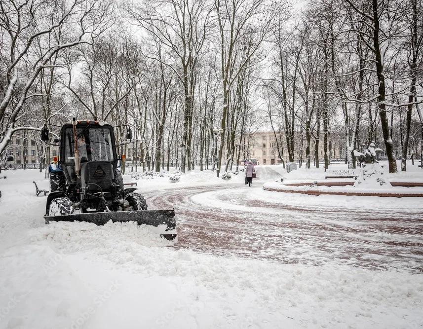 Snow removal machine operating on a snow-covered lot surrounded by trees.